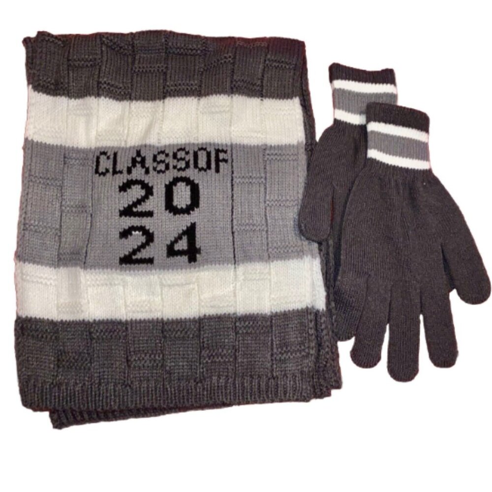 Herff Jones Class of 2024 Scarf and Gloves Ladies Gray White